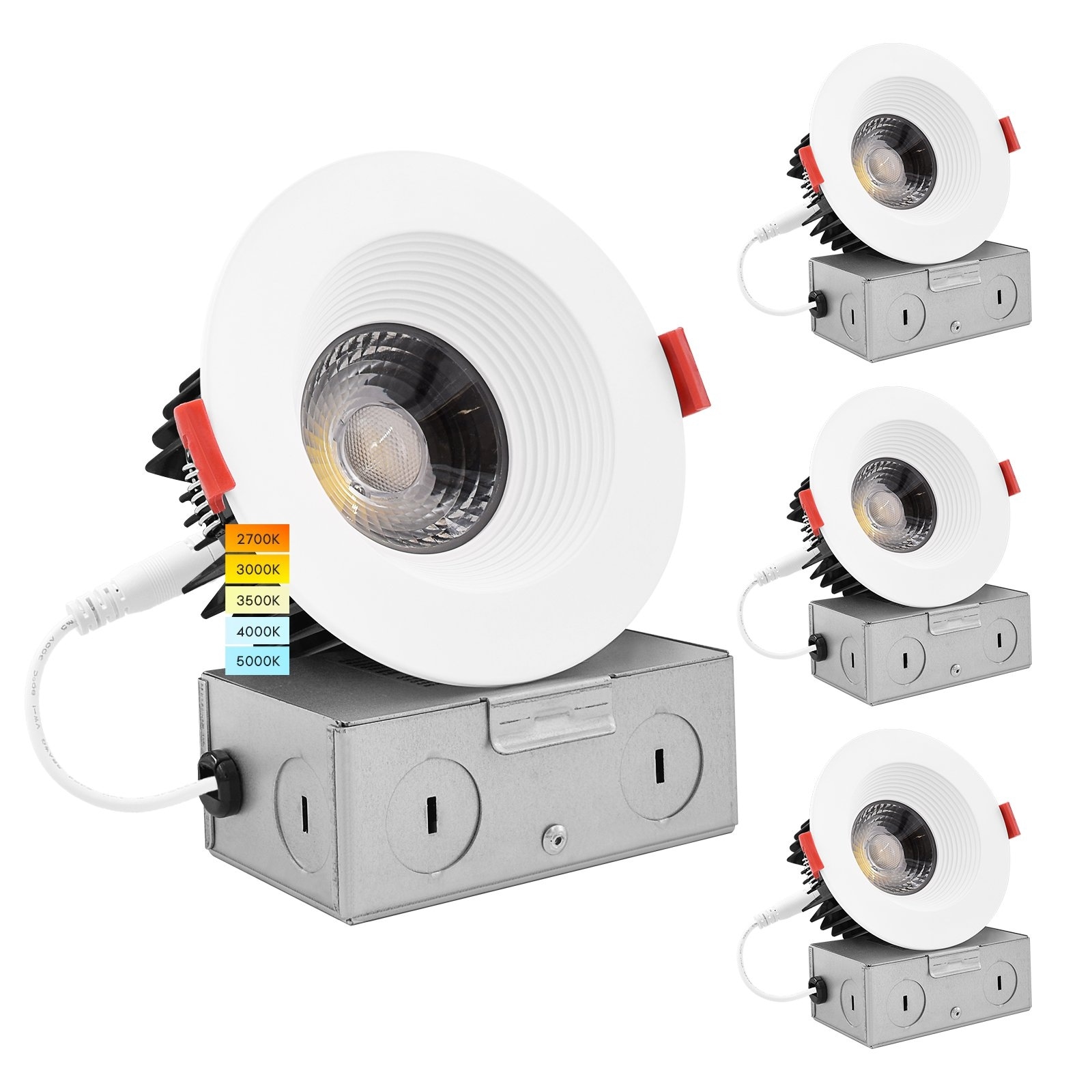 Luxrite 4" LED Recessed Light J-Box 15W 5 Color Options 1100 Lumens Dimmable Wet Rated IC Rated Baffle Trim 4 Pack