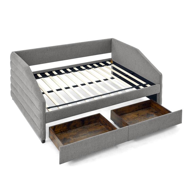 Full Size Sofa Bed Frame w/ 2 Drawers & Striped Upholstered Tufted