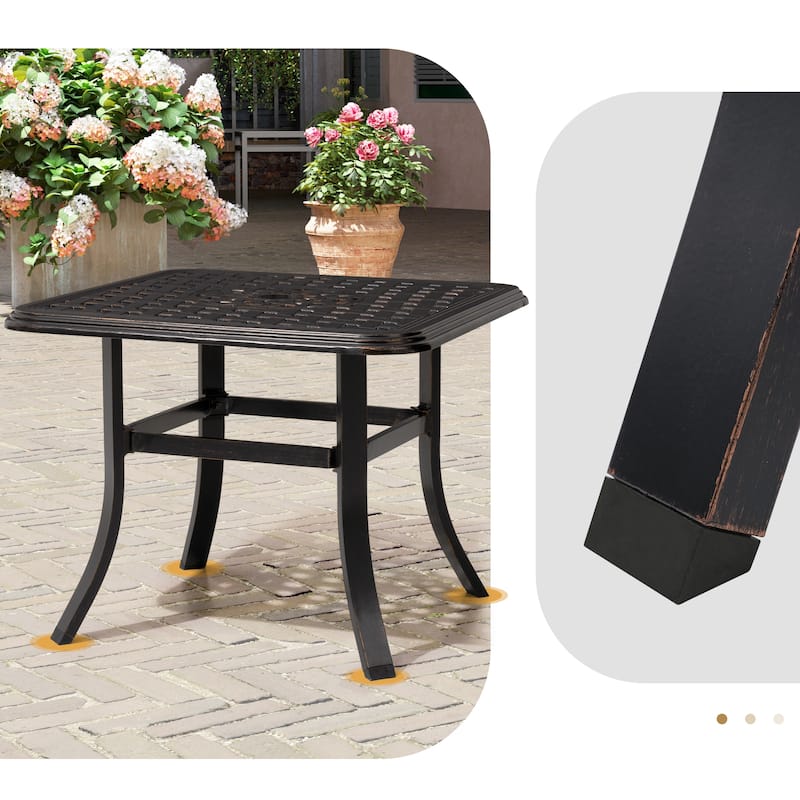 Cast Aluminum Patio Side Table Outdoor Square Table with Umbrella Hole - 24.02" L x 24.02" W x 17.52" H
