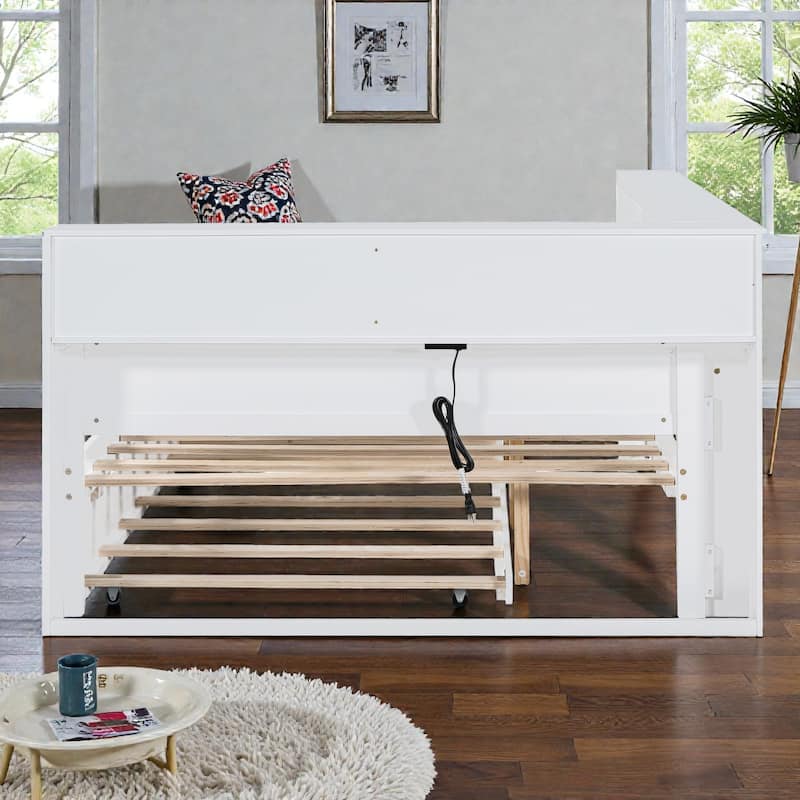 Twin/Full Wooden Daybed with Twin Trundle, Storage Shelf, USB Charging Ports, Slat Support, Space-Saving Design