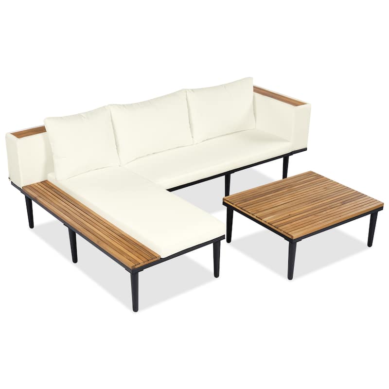 Roomfitters L-Shaped Outdoor Sectional Sofa Set with Built-in Wood Side Tables and Coffee Table, Patio Conversation Set