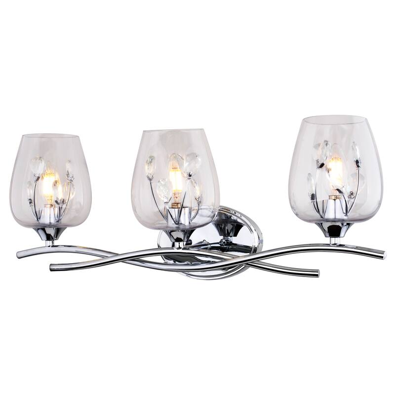 Wilmette 3-Light 24 in. Chrome Crystal Bathroom Vanity Wall Lighting Fixture, Clear Glass Shade, Dimmable LED Compatible