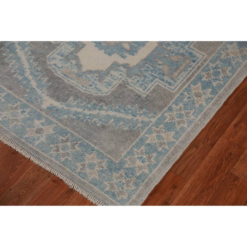 Hand Knotted Oriental 100% Wool Carpet Transitional Geometric Greys & Charcoal Oushak Runner Rug - 13' 10'' X 3' 1''