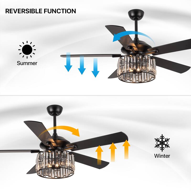 52" Matte Black Industrial Crystal Caged Downrod Mount Ceiling Fan with Remote and Light