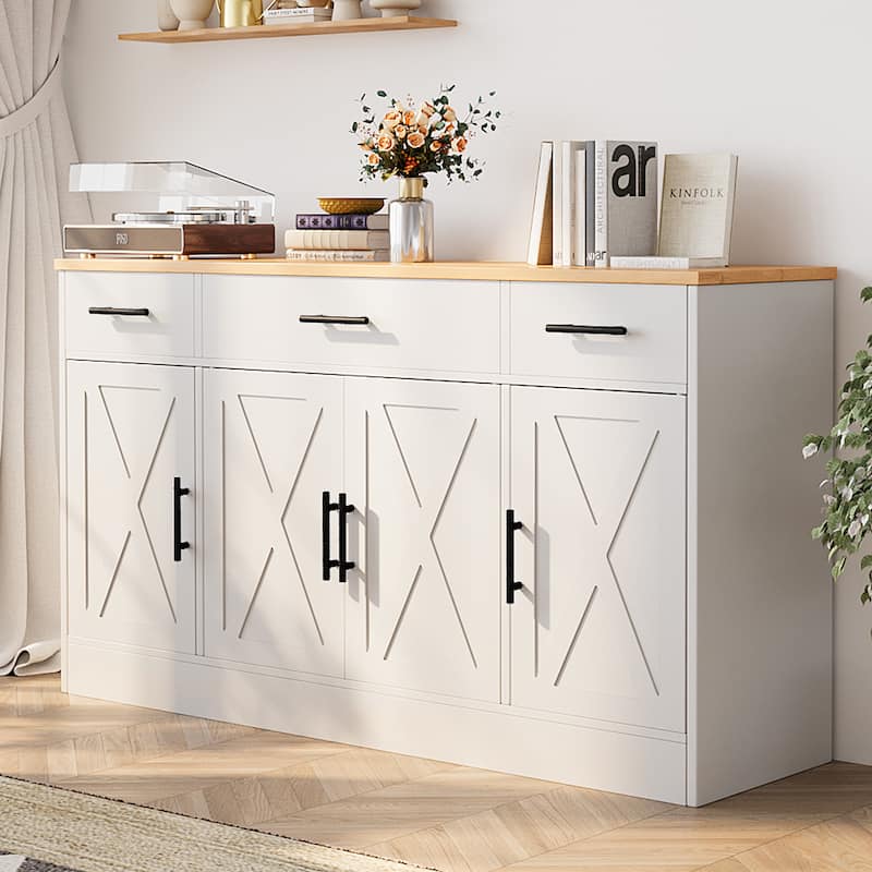 Kitchen Buffet Sideboard Storage Cabinet with Adjustable Shelves, Retro Design(3 Color Options) - White/Yellow