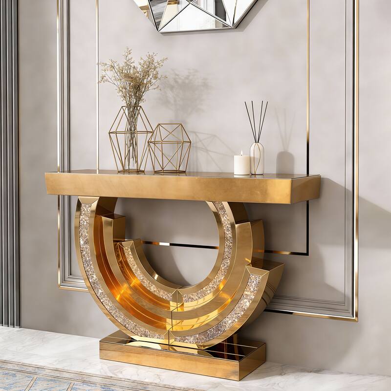 New Design Crushed Diamond Mirrored Console Table, Entryway Table With Diamond Inlay, Long Accent Table, Glass Sofa Table