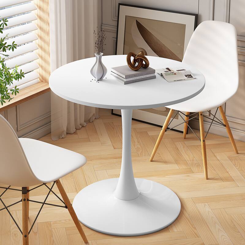 Modern Round Dining Table End Table Leisure Coffee Table with Metal Base - White-32"