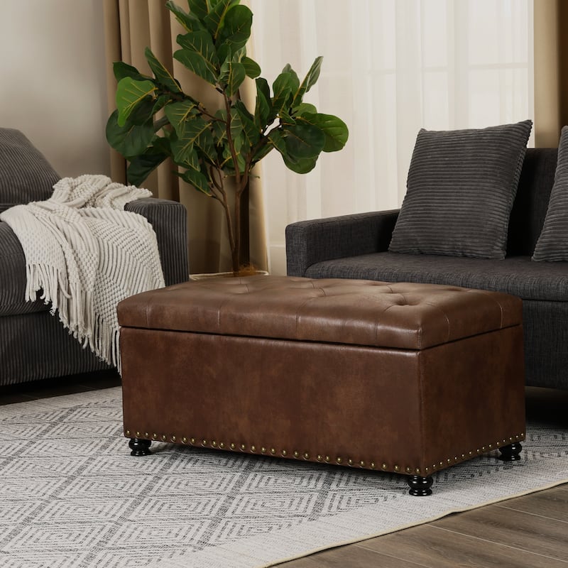 Adeco Rectangular Storage Ottoman Tufted Faux-Leather Bench Lifted Top - Coffee Brown