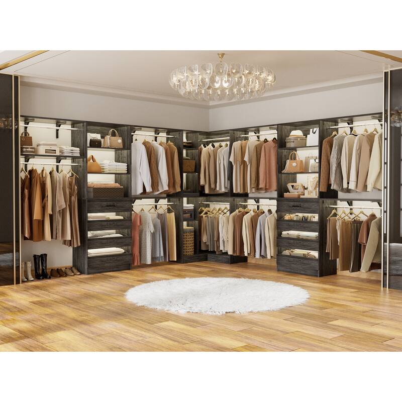 Set of 3 Closet Organizer with 10 Hanging Rods, Adjustable 132'' Corner Closet System with Tower Shelves - Grey Oak