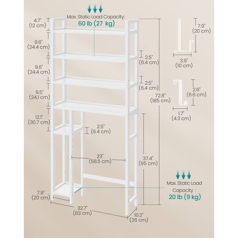 4-Tier Space-Saving Over Toilet Storage Shelf with Adjustable Shelves and Wicker Frame - 32.7''L x 10.2''W x 72.8''H