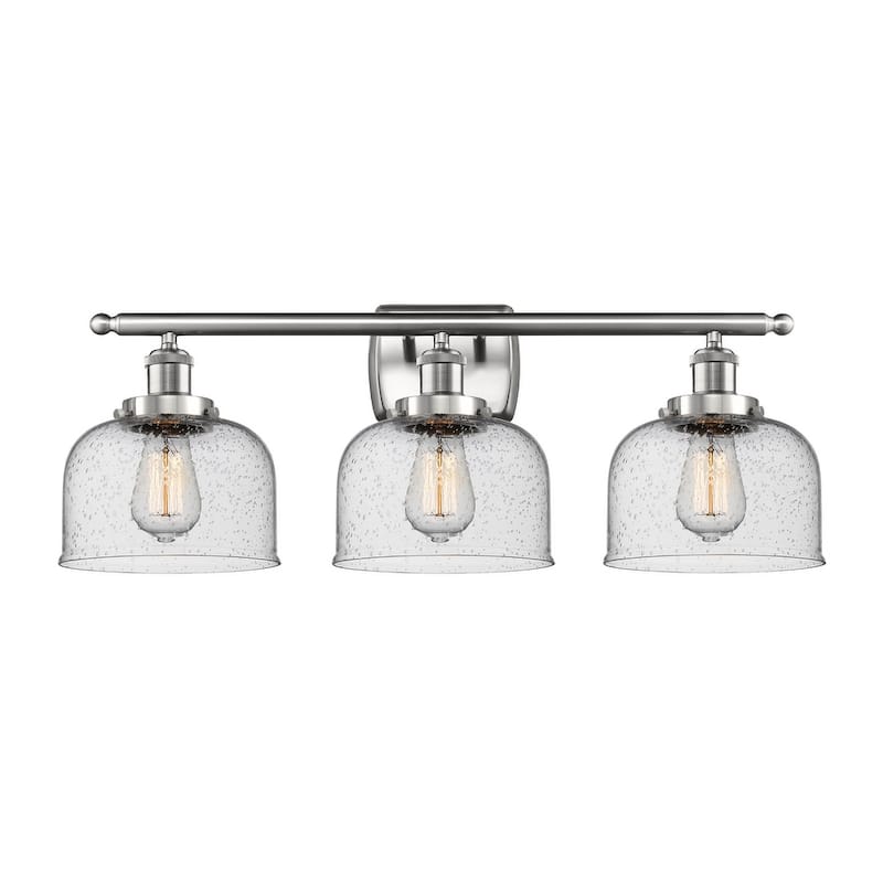 Innovations Lighting Large Bell 3 Light 26" Wide Vanity Light - Brushed Satin Nickel / Seedy