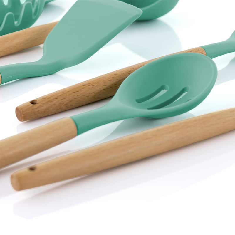 9 Piece Silicone and Wood Kitchen Utensils With Holder in Teal