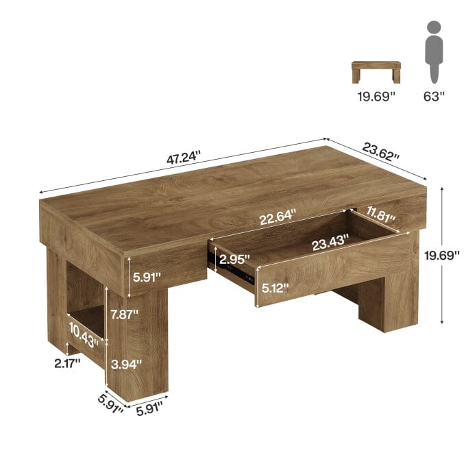 47.24-Inch Coffee Table with Drawer, Rustic Wooden Center Table