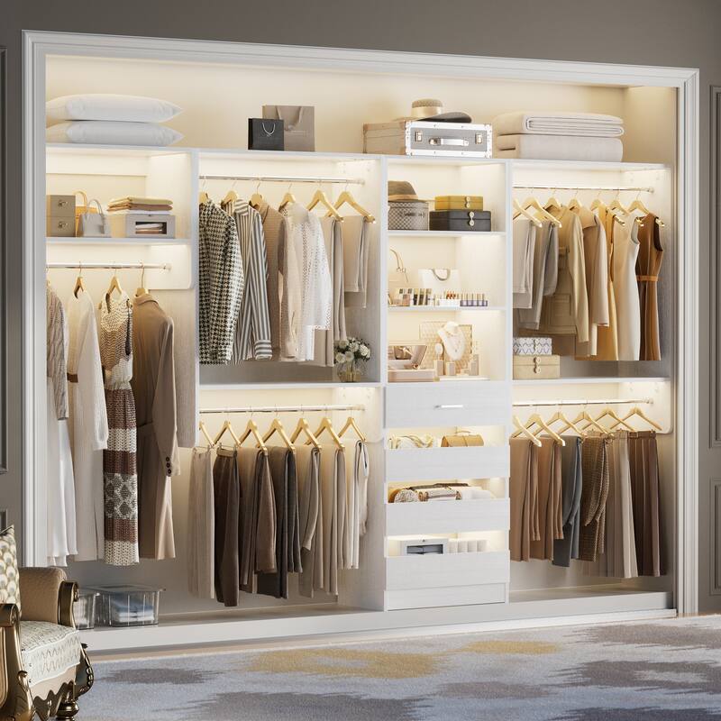 Rackcog 115.7" W Walk-in Closet System With 4 Drawers and 5 Hanging Rods, Space-Saving Wardrobe Rack Closet Organizer