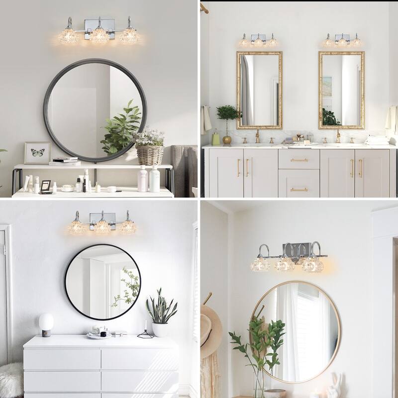 Modern Chrome Bathroom Vanity Light with Patterned Glass Shades