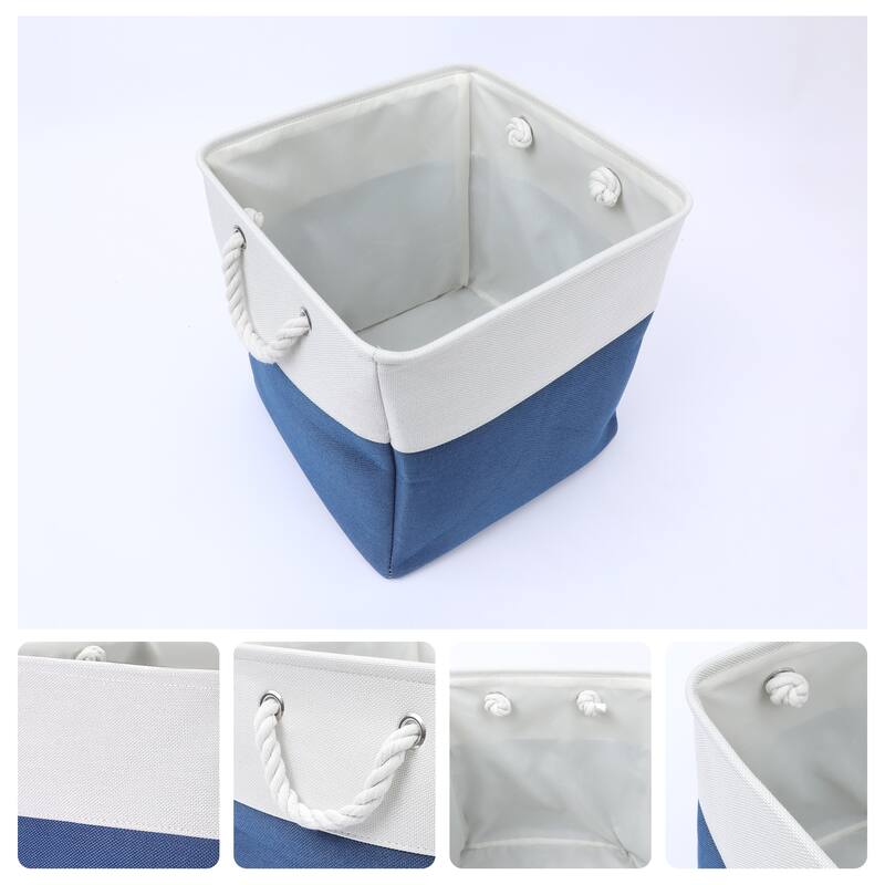 Square Fabric Collapsible Storage Basket Bin with Handle, Storage Cube for Shelves Closet Organizing Clothes Books - 13inch - White/Dark Blue