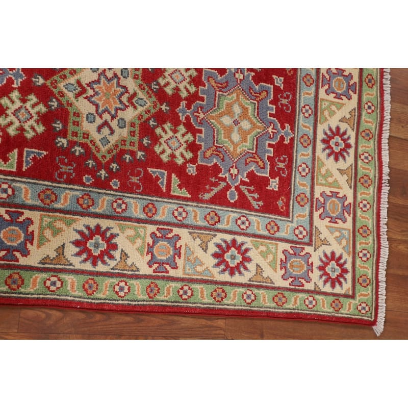 Geometric Kazak Foyer Rug Hand-Knotted Oriental Red Wool Carpet - 2'7" x 4'2"