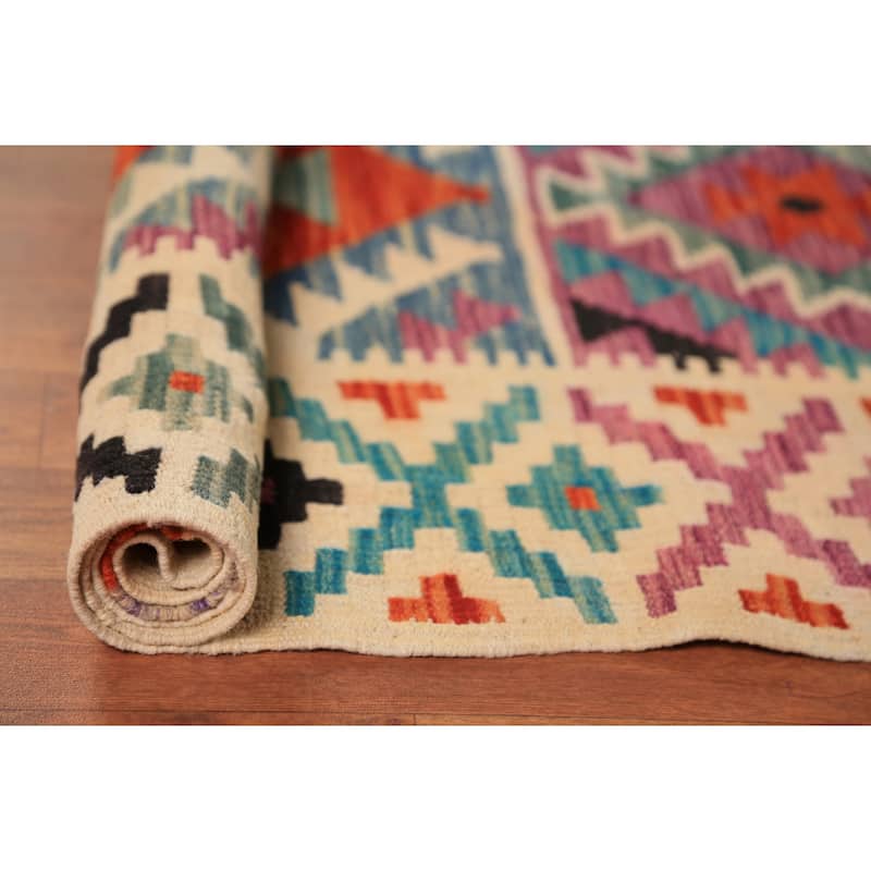 All-Over Geometric Kilim Reversible Area Rug Hand-Woven Wool Carpet - 8'2"x 11'2"