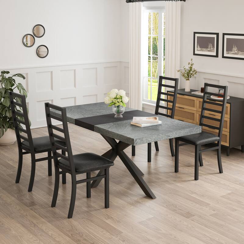 5-Piece Dining Set with Stretch Table and 4 High-Back Leather Chairs
