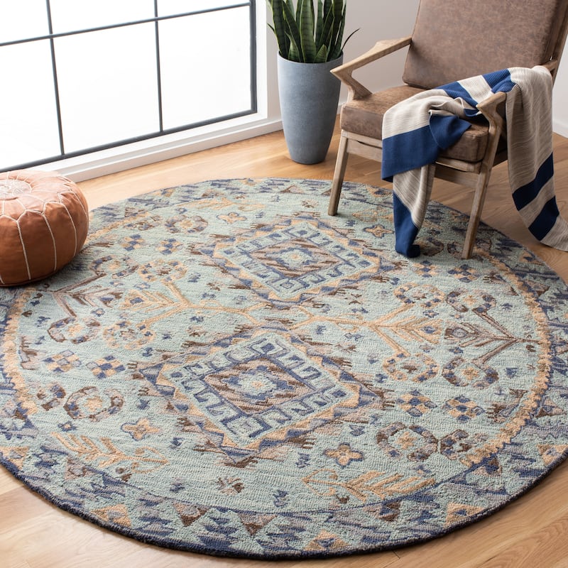 SAFAVIEH Handmade Aspen Ermira Boho Tribal Wool Rug - 3' Round - Blue/Beige