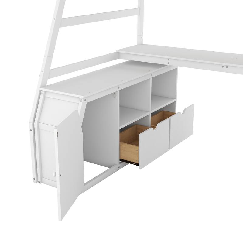 Twin Size Loft Bed with Drawers, Shelves, and Desk in White