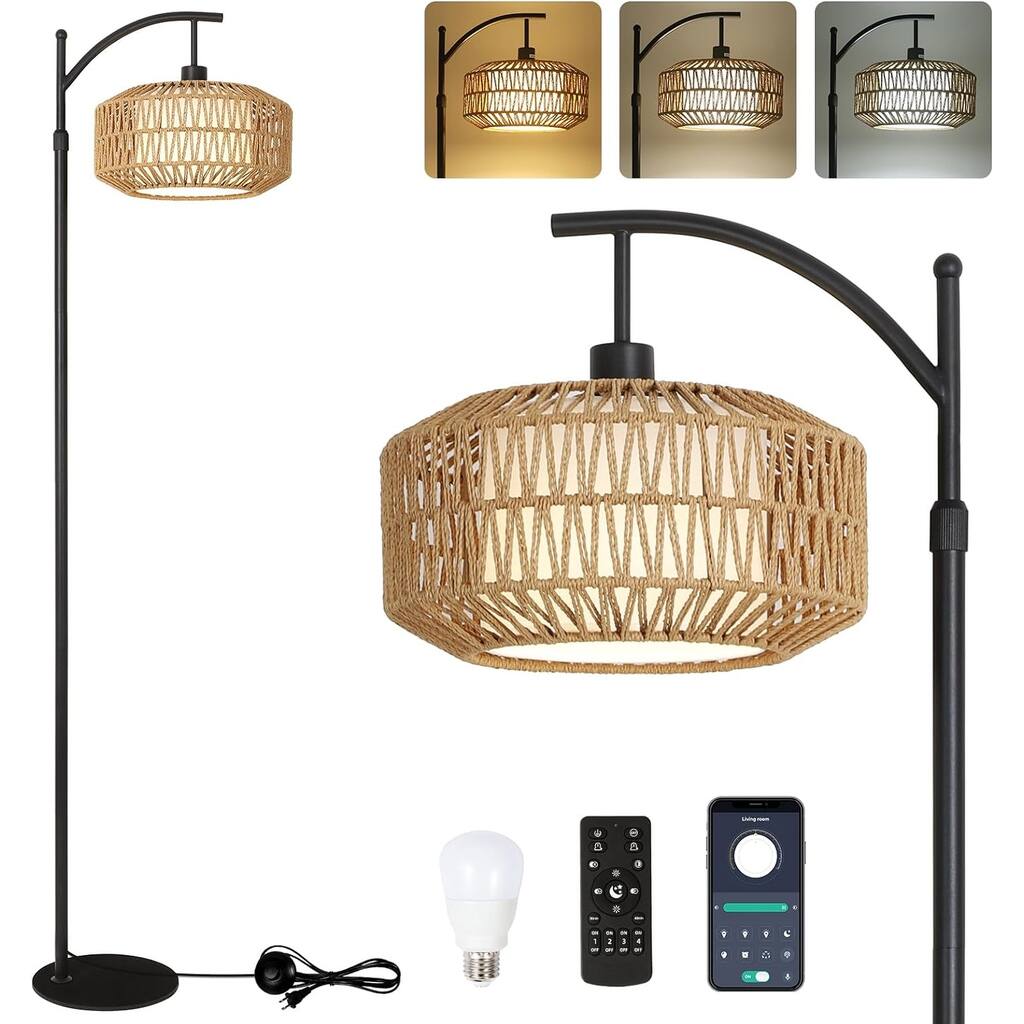Floor Lamps for Living Room, Dimmable Rattan Floor Lamp with Remote & LED Bulb, Mid Century Modern Standing Lamp