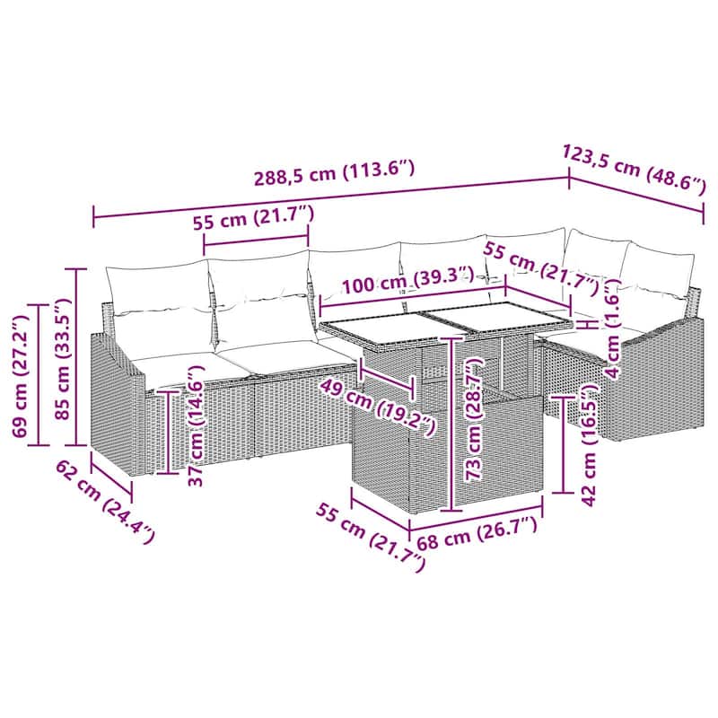 vidaXL 7 Piece Garden Sofa Set with Cushions - 113.6×48.6×27.2