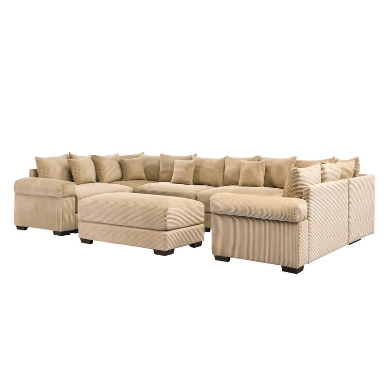 GDFStudio - Corduroy U-Shaped 6-Seater 137.7" Cloud Modular Sectional Couch with Ottoman