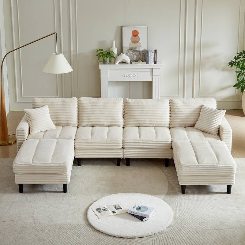 122.5" Corduroy U-Shaped Sectional Sofa with Ottomans & Pillows