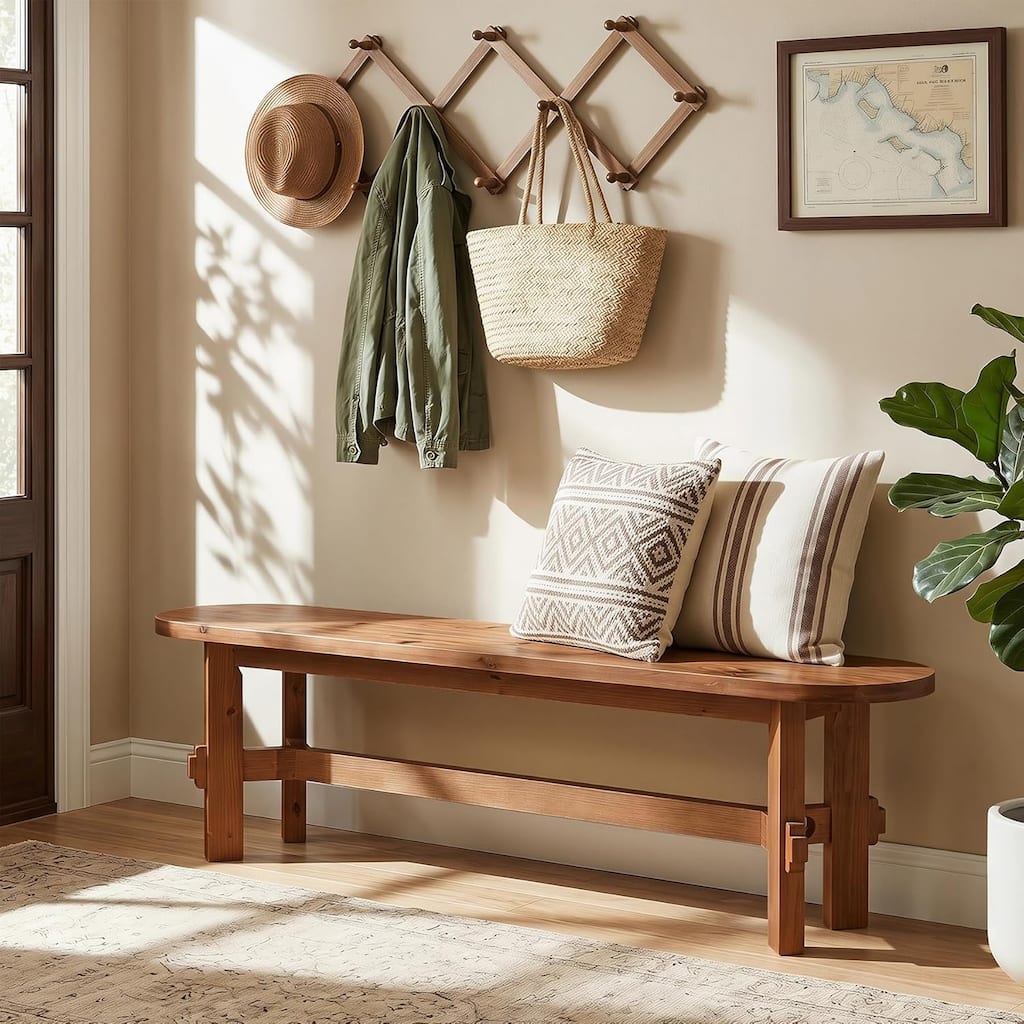 55" Solid Wood Dining Bench, Farmhouse Rustic Indoor Bench for Dining Table, End of Bed, Hallway - 55.1"W x 11.8"D x 17.7"H