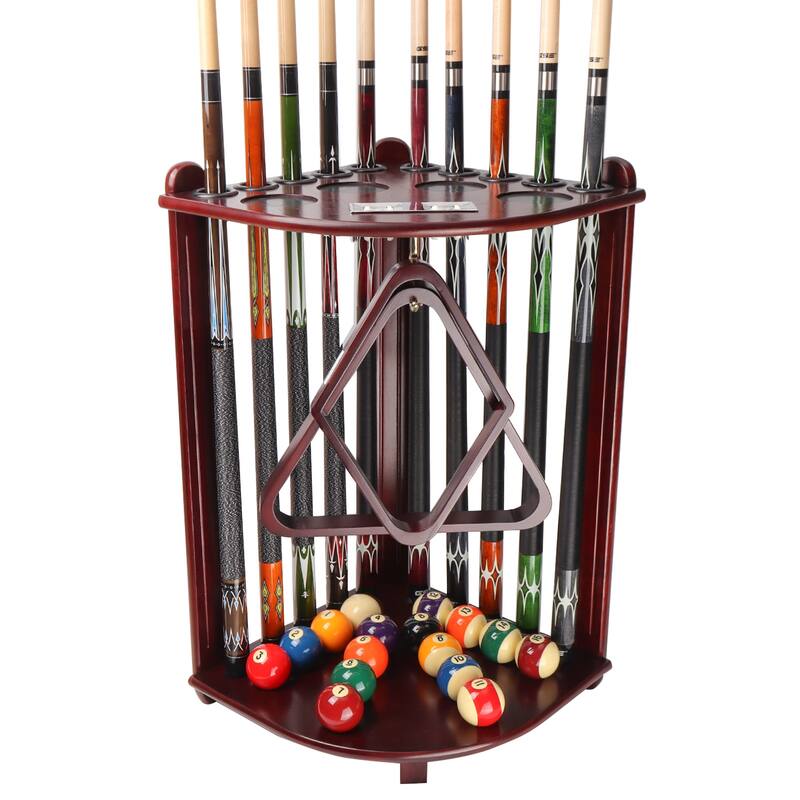 GSE™ 10-Pool Cue Wooden Corner-Style Billiard Pool Cue Rack. Floor Stand Pool Cue Stick Holder - Mahogany