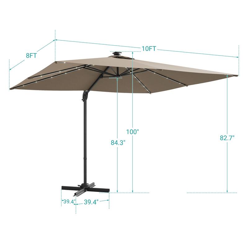 BONOSUKI Solar-powered 10x8ft Cantilever Patio Umbrella, Ultimate Outdoor Comfort with 360° Rotation and Canopy Angle Adjustment