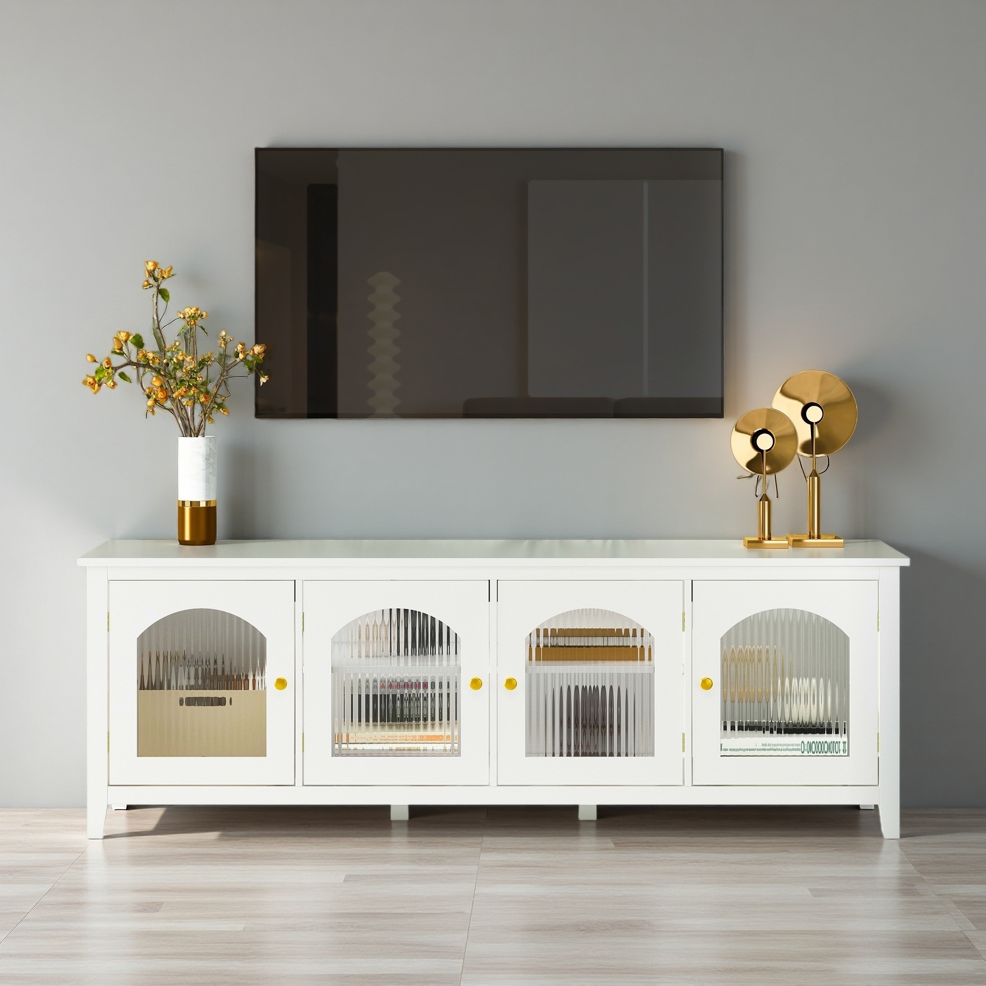 71-Inch TV Stand for TVs up to 70", Entertainment Center with Glass Doors, Storage Cabinet with Drawers, Solid Wood Frame