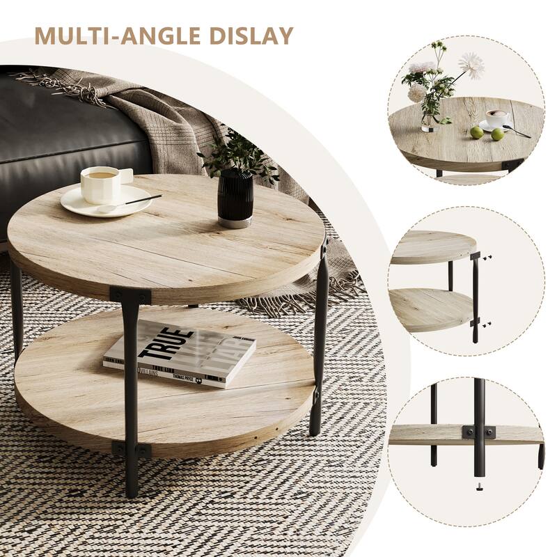 Modern Minimalist Style Round Bohemian Coffee Table Wooden 2 Layer Coffee Table with Large Storage Space, for Living Room