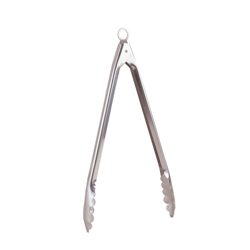 Spring Locking Kitchen Cooking Serving Food Barbecue Tongs, Scalloped Gripping Edge, Stainless Steel, 12-Inch, Set of 2