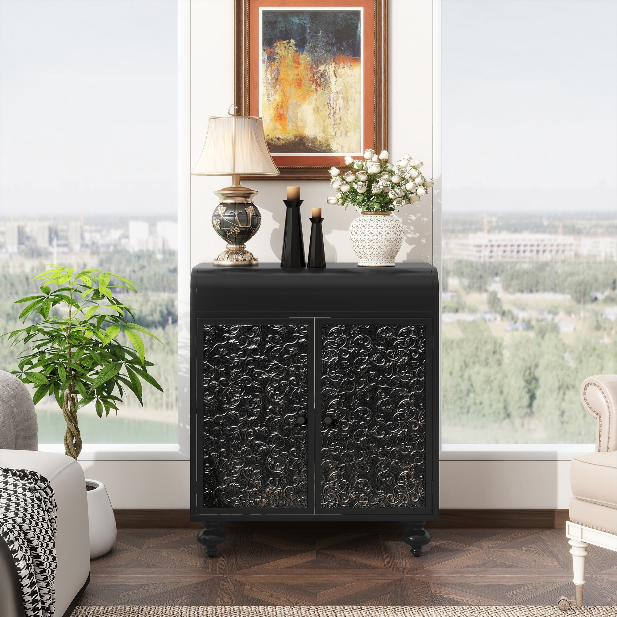 Accent Cabinet with Carved Doors, Sideboard Buffet Cabinet with Adjustable Feet, Storage Cabinet with Embossed Pattern