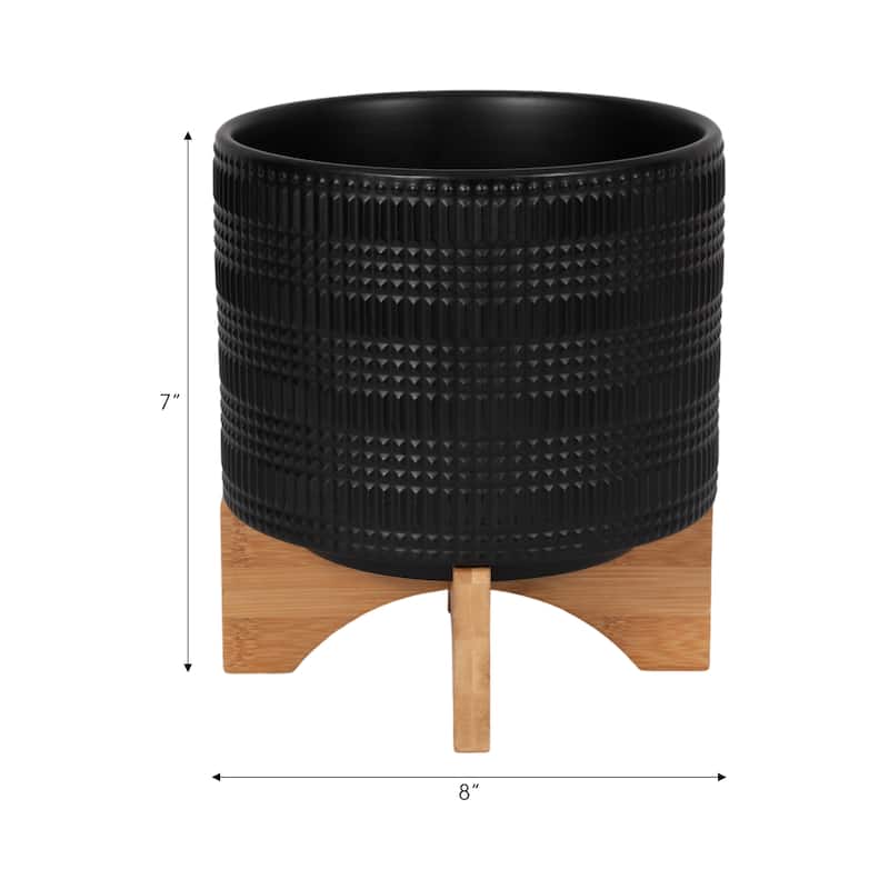 Black Ceramic Planter on Bamboo Stand Contemporary Embossed Tribal Design For Indoor or Outdoor Plants, Succulents,