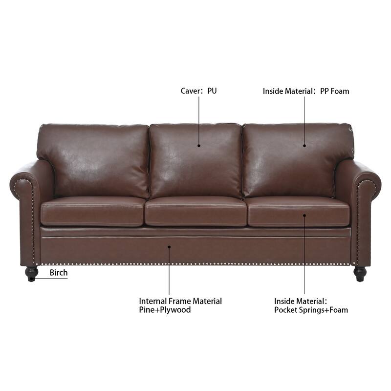 Mid Century Modern 3-Seater PU Fabric Sofa with Roll Arm, Tufted Sofas with Deep Seat for Living Room, Bedrooms, Apartment