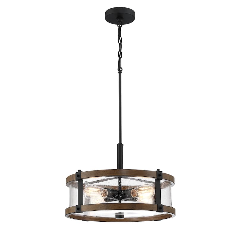 4-Light Distressed Black and Wood Tone Seeded Glass Drum Pendant - 18" x 65" x 18"