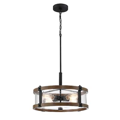 4-Light Distressed Black and Wood Tone Seeded Glass Drum Pendant - 18" x 65" x 18"