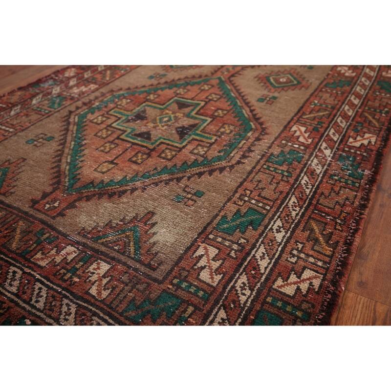 Brown Ardebil Persian Vintage Runner Rug Handmade Wool Carpet - 3'10" x 13'10"