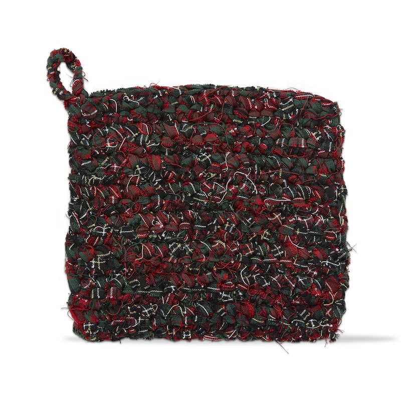 Chindi Crochet Plaid Potholder Trivet Green Cotton Machine Wash, 8.0"L x 8.0"W x .75"H