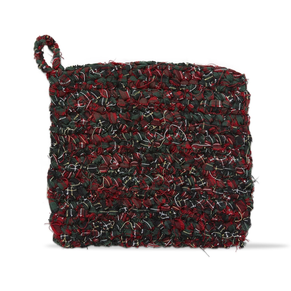 Chindi Crochet Plaid Potholder Trivet Green Cotton Machine Wash, 8.0"L x 8.0"W x .75"H