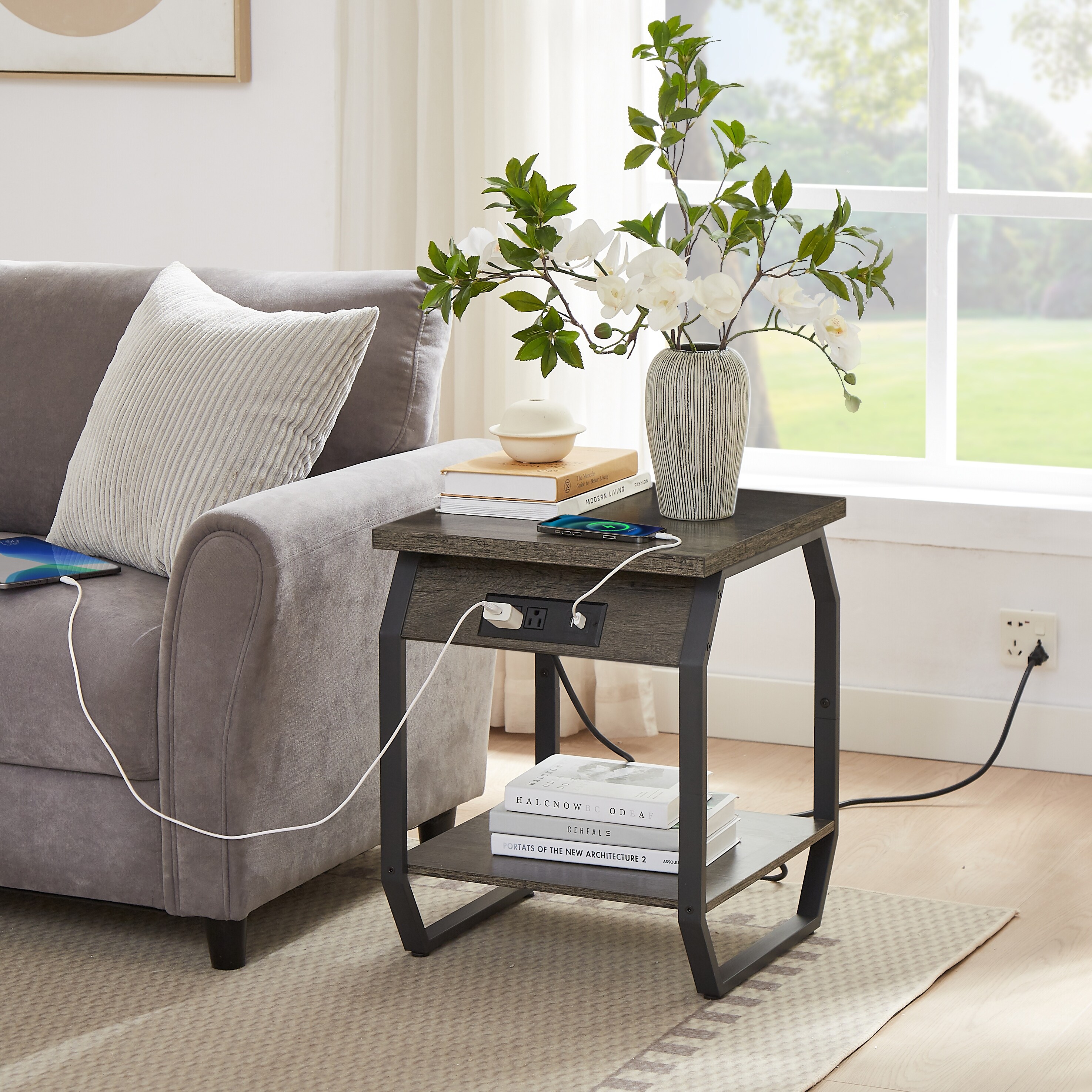 Recliner side table deals with charging station