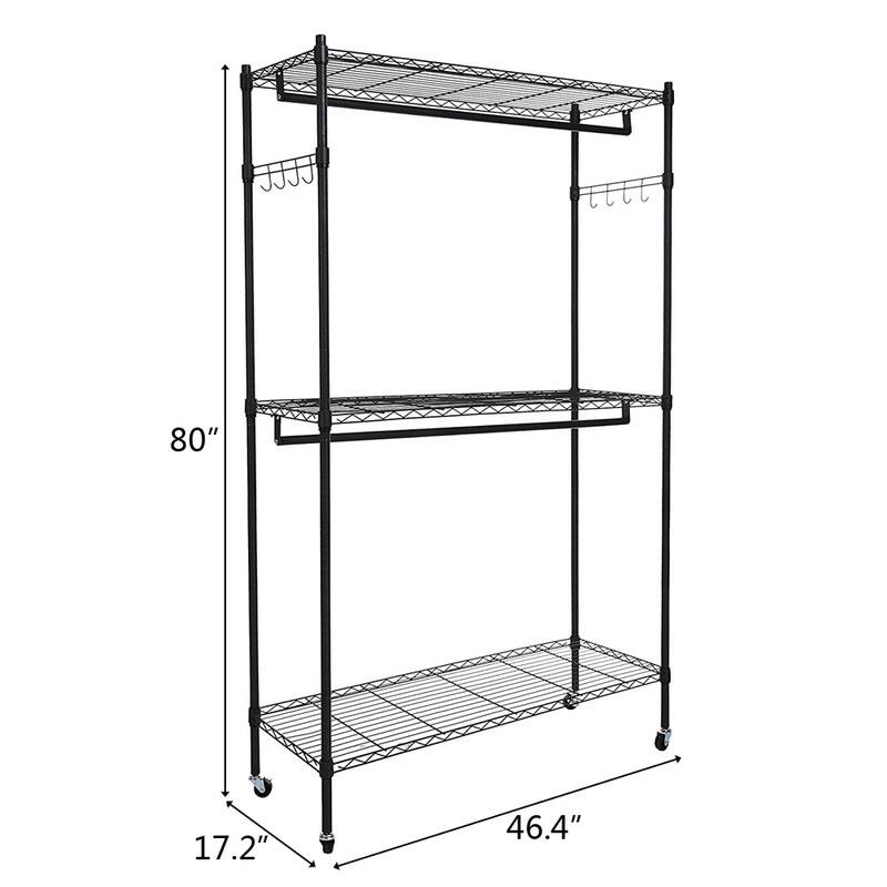 2-Tier Rod Closet Organizer Garment Rack Clothes Storage Hanger Shelf Hooks