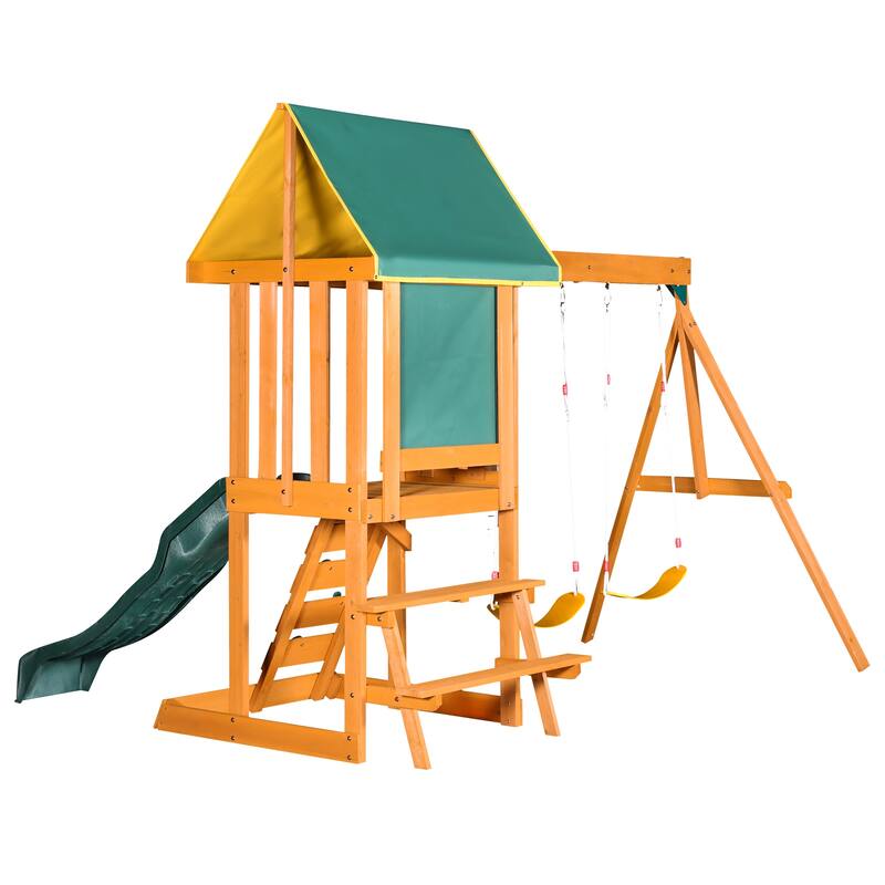 Cedar Wood Outdoor Swing Set 3 in 1 Swing Set, Outdoor Children's Playset with Slide, 2 Swings and Climber for Backyard