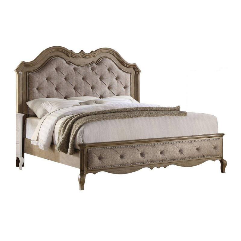 Button Tufted Fabric Eastern King Size Bed with Molded Details, Beige