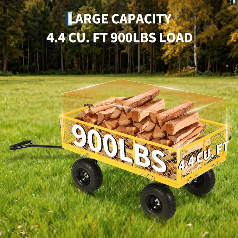 900-lb Capacity Steel Garden Cart Removable Mesh Sides Convert to Flatbed and 180Degree Rotating Handle Yellow