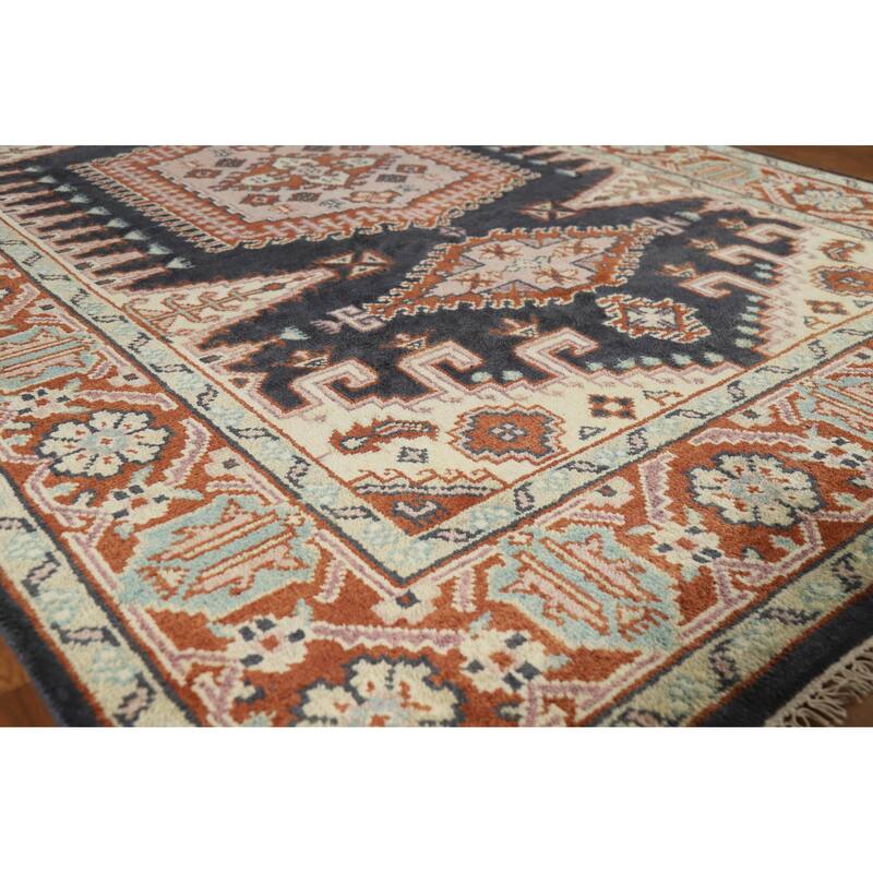 Geometric Viss Indian Area Rug Handmade Wool Carpet - 6'0" x 8'10" - Blue - 6'0" x 8'10"