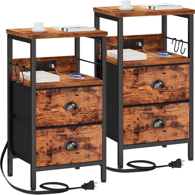 Nightstands Set of 2 End Tables with Charging Station and USB Ports - Rustic Brown+rustic Brown - 2-drawer